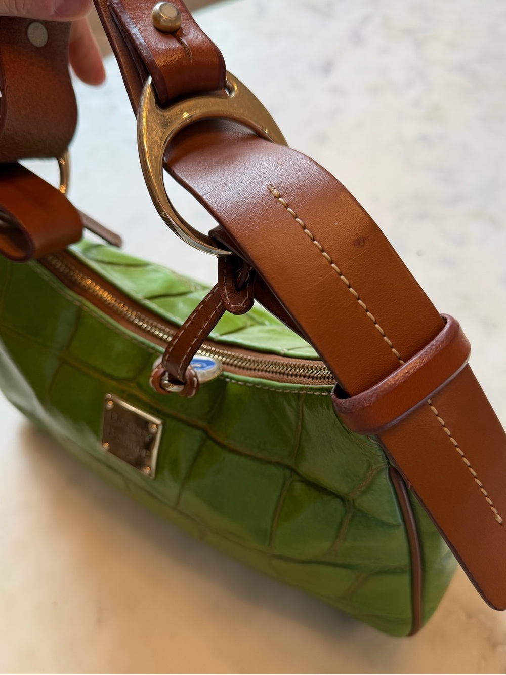 Dooney & Bourke Green Croc-Embossed Leather Shoulder Bag with Brown Trim - Picture 8 of 11